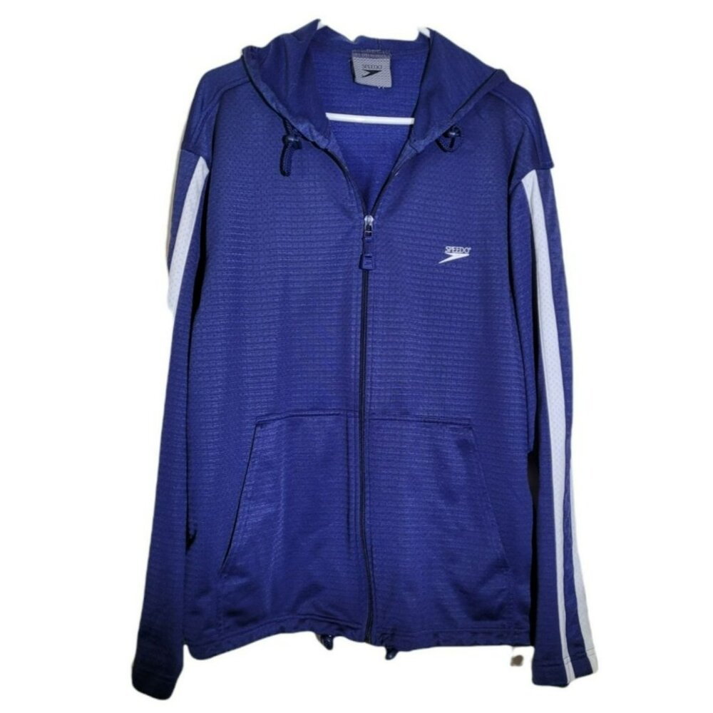 Speedo Mens Sports Hoodie Blue and White Athletic Jacket size Large   JH782